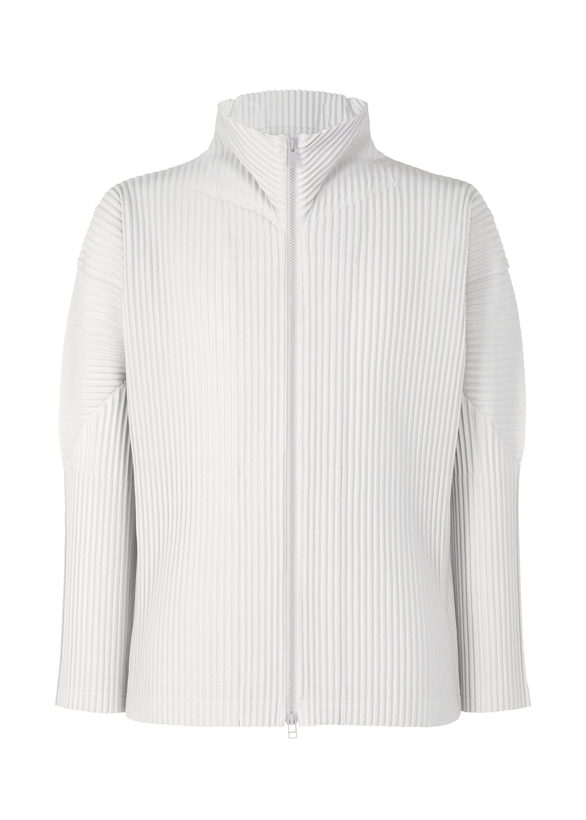The COLOR PLEATS 2 by HOMME PLISSÉ ISSEY MIYAKE is a white, long-sleeve sporty cardigan with a high collar and vertical ribbed pleats, featuring a front zipper closure and crafted from quick-drying polyester. view 1 of 6