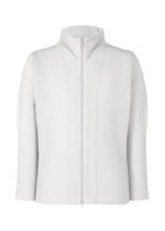 The COLOR PLEATS 2 by HOMME PLISSÉ ISSEY MIYAKE is a white, long-sleeve sporty cardigan with a high collar and vertical ribbed pleats, featuring a front zipper closure and crafted from quick-drying polyester. - FLASH GRAY （no.10）