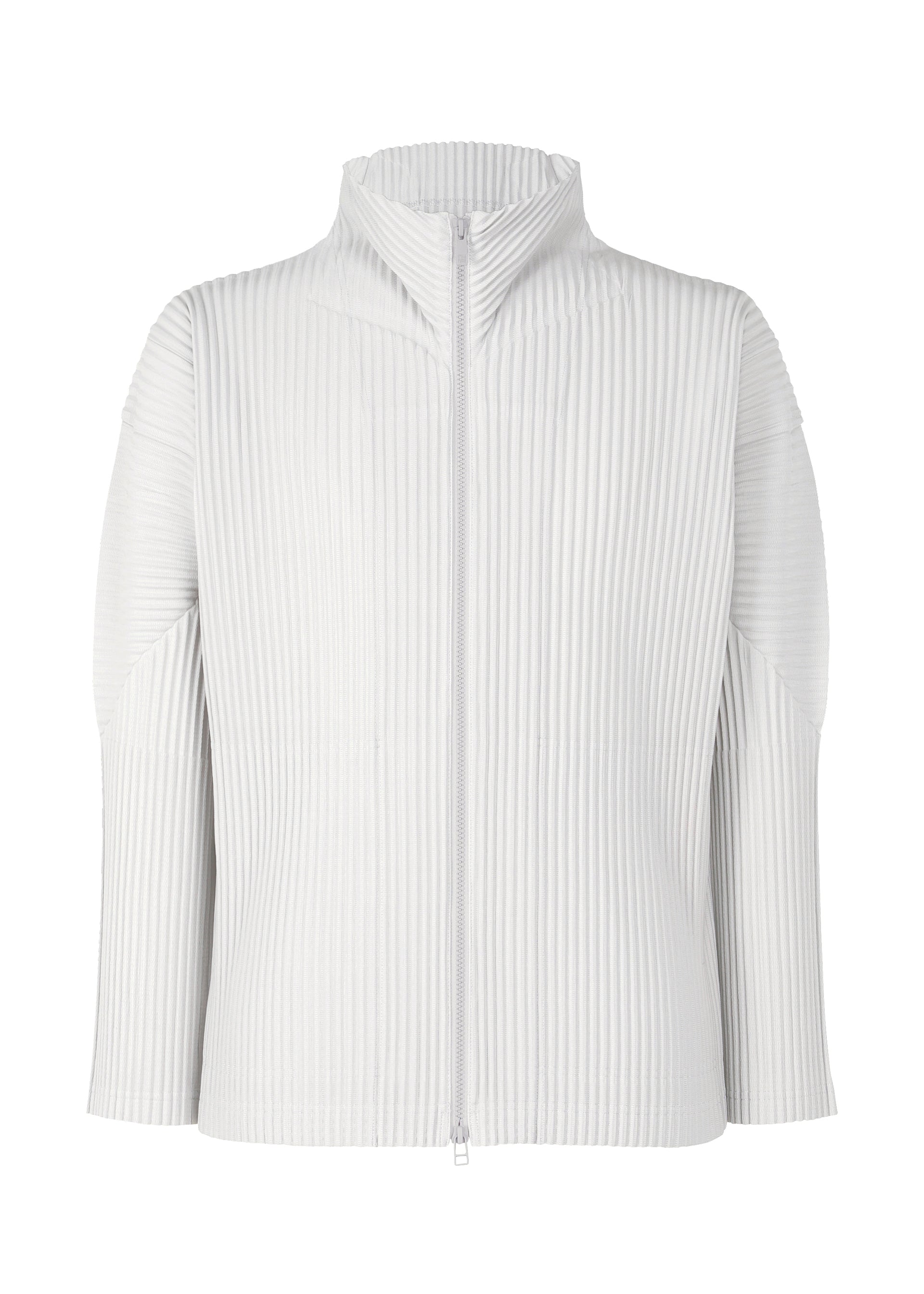 Zoomed view The COLOR PLEATS 2 by HOMME PLISSÉ ISSEY MIYAKE is a white, long-sleeve sporty cardigan with a high collar and vertical ribbed pleats, featuring a front zipper closure and crafted from quick-drying polyester. - FLASH GRAY （no.10）