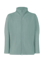 COLOR PLEATS 2 by HOMME PLISSÉ ISSEY MIYAKE—a light blue zip-up cardigan showcased against a white background—features vertical pleats, a high collar, and long sleeves. Crafted from quick-drying polyester, it offers a structured, modern silhouette that blends sporty energy with refined style. - GLOOM BLUE （no.73）