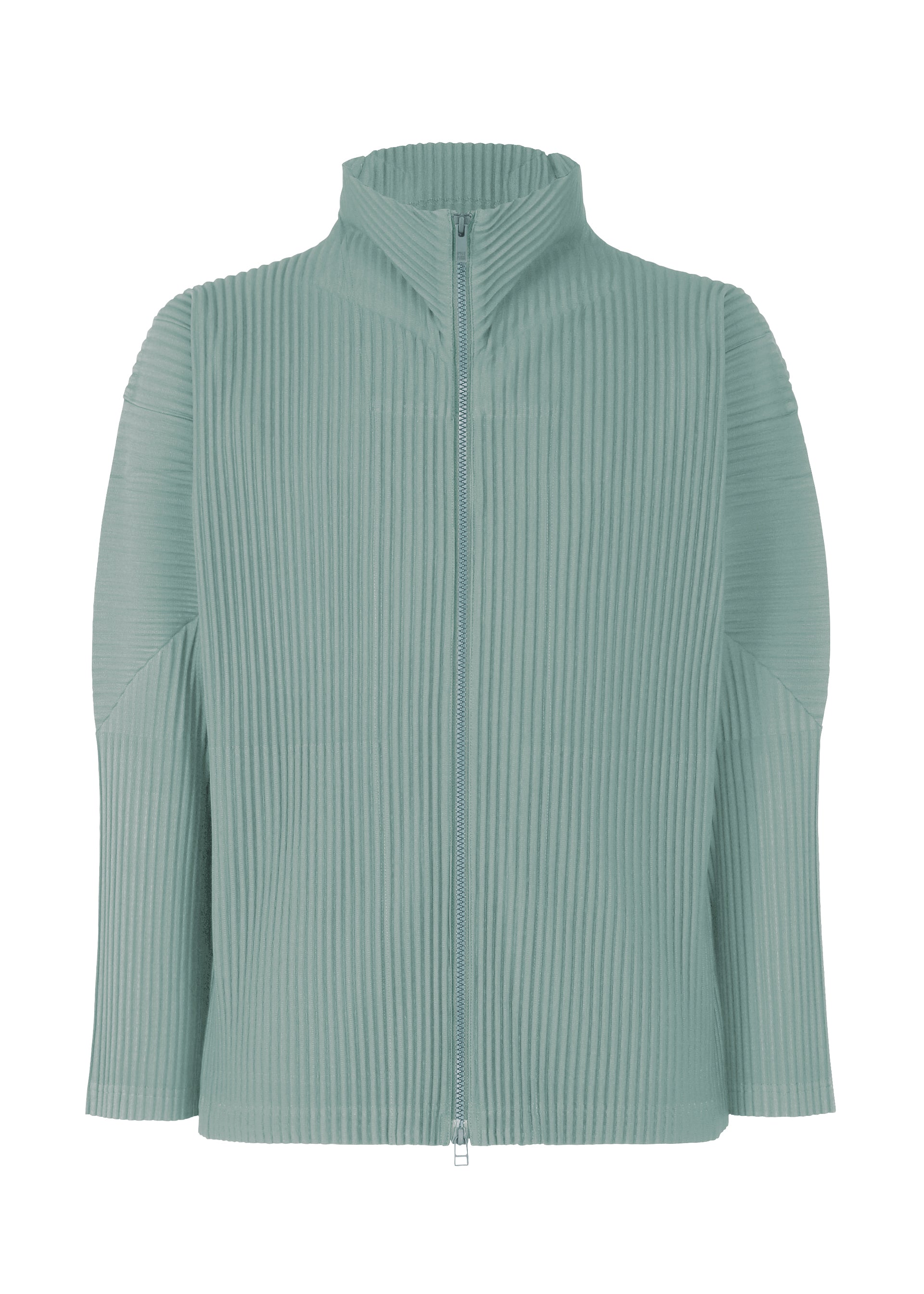 Zoomed view COLOR PLEATS 2 by HOMME PLISSÉ ISSEY MIYAKE—a light blue zip-up cardigan showcased against a white background—features vertical pleats, a high collar, and long sleeves. Crafted from quick-drying polyester, it offers a structured, modern silhouette that blends sporty energy with refined style. - GLOOM BLUE （no.73）