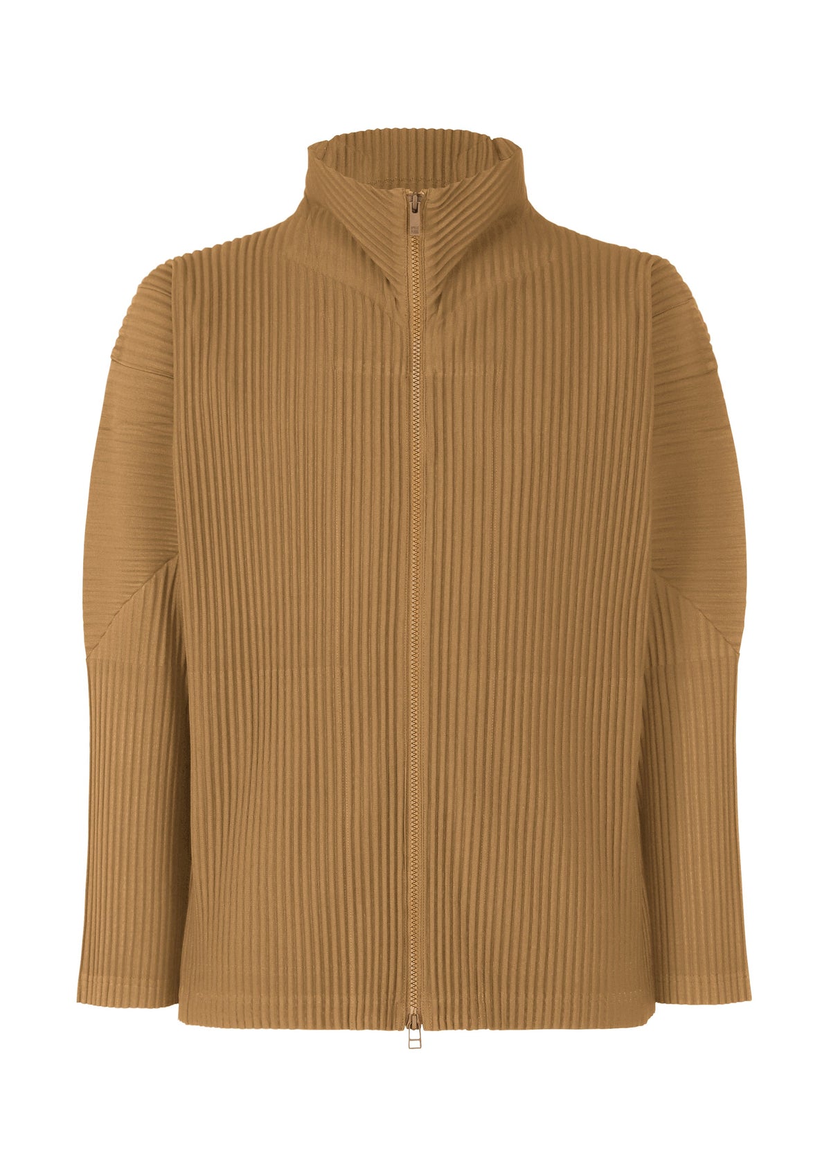 The COLOR PLEATS 2 jacket by HOMME PLISSÉ ISSEY MIYAKE is a tan ribbed zip-up style featuring a stand-up collar and long sleeves, crafted from quick-drying polyester and shown against a white background. view 3 of 6