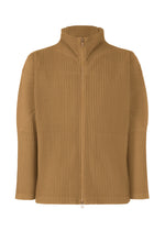 The COLOR PLEATS 2 jacket by HOMME PLISSÉ ISSEY MIYAKE is a tan ribbed zip-up style featuring a stand-up collar and long sleeves, crafted from quick-drying polyester and shown against a white background. - SHADE BROWN （no.94）