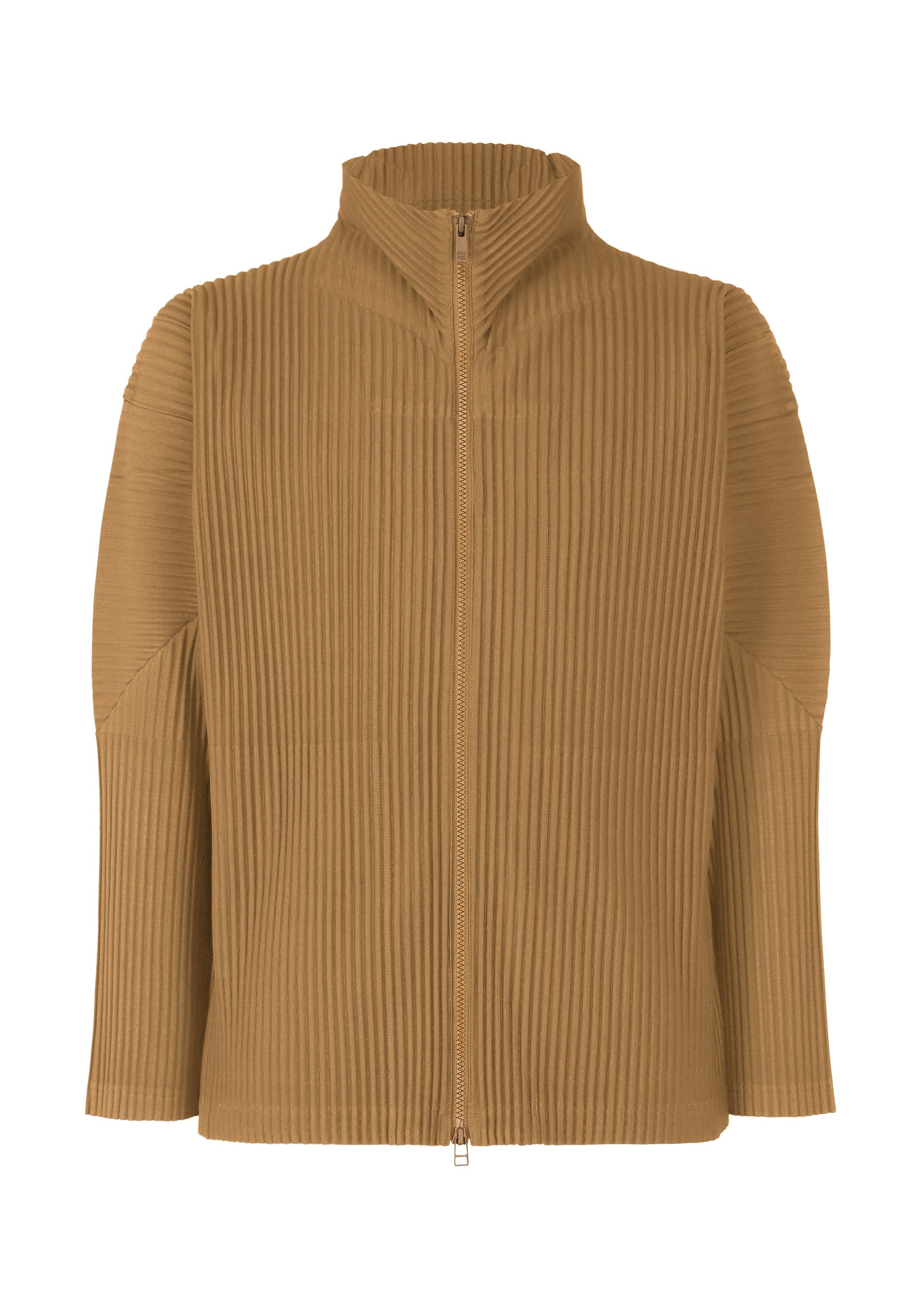 Zoomed view The COLOR PLEATS 2 jacket by HOMME PLISSÉ ISSEY MIYAKE is a tan ribbed zip-up style featuring a stand-up collar and long sleeves, crafted from quick-drying polyester and shown against a white background. - SHADE BROWN （no.94）