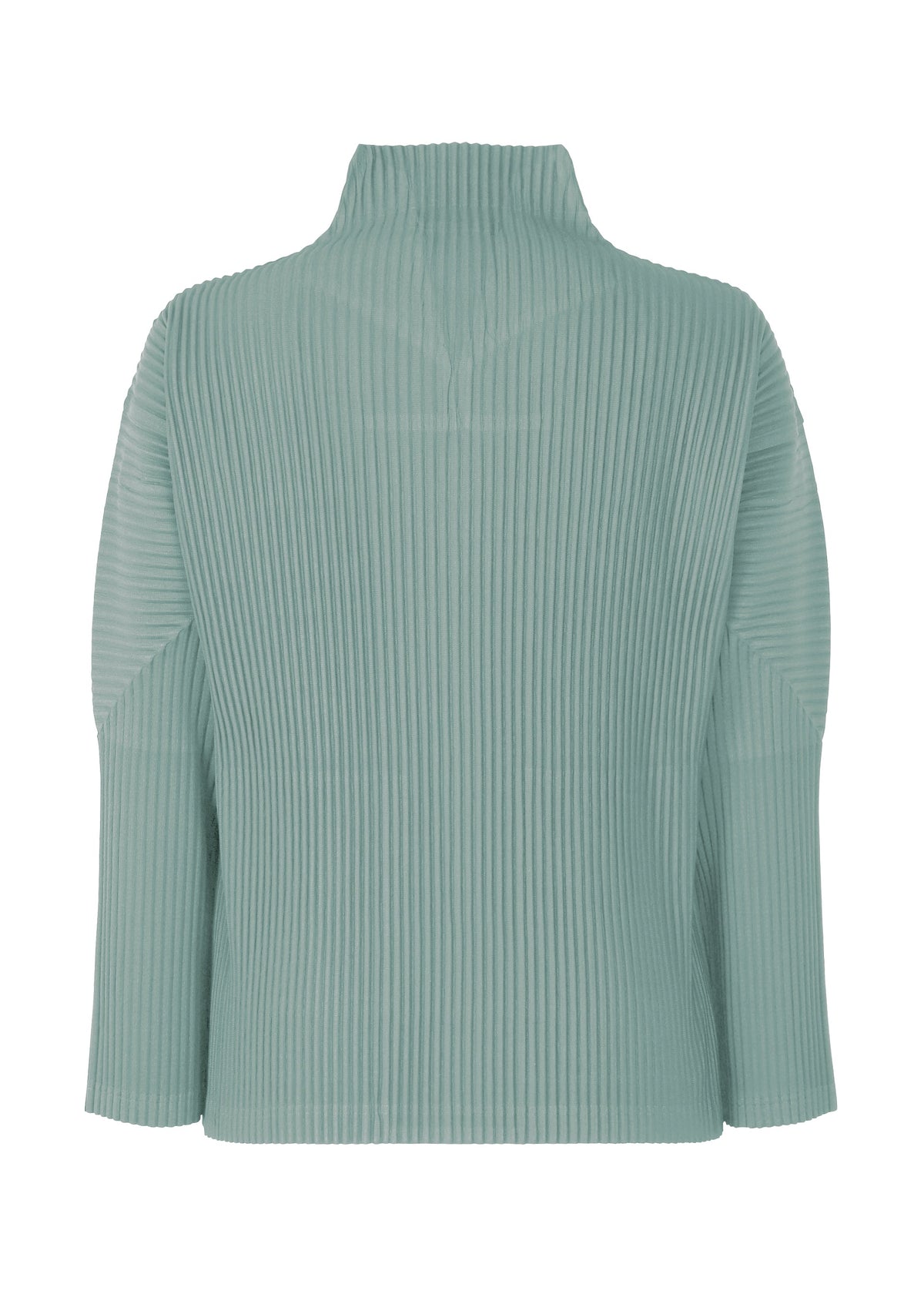Back view of the HOMME PLISSÉ ISSEY MIYAKE COLOR PLEATS 2 cardigan in light blue-green, featuring ribbed long sleeves, a zip-up front, mock neck, and vertical textured lines. Crafted from quick-drying polyester and shown against a plain white background. view 4 of 6
