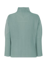 Back view of the HOMME PLISSÉ ISSEY MIYAKE COLOR PLEATS 2 cardigan in light blue-green, featuring ribbed long sleeves, a zip-up front, mock neck, and vertical textured lines. Crafted from quick-drying polyester and shown against a plain white background.