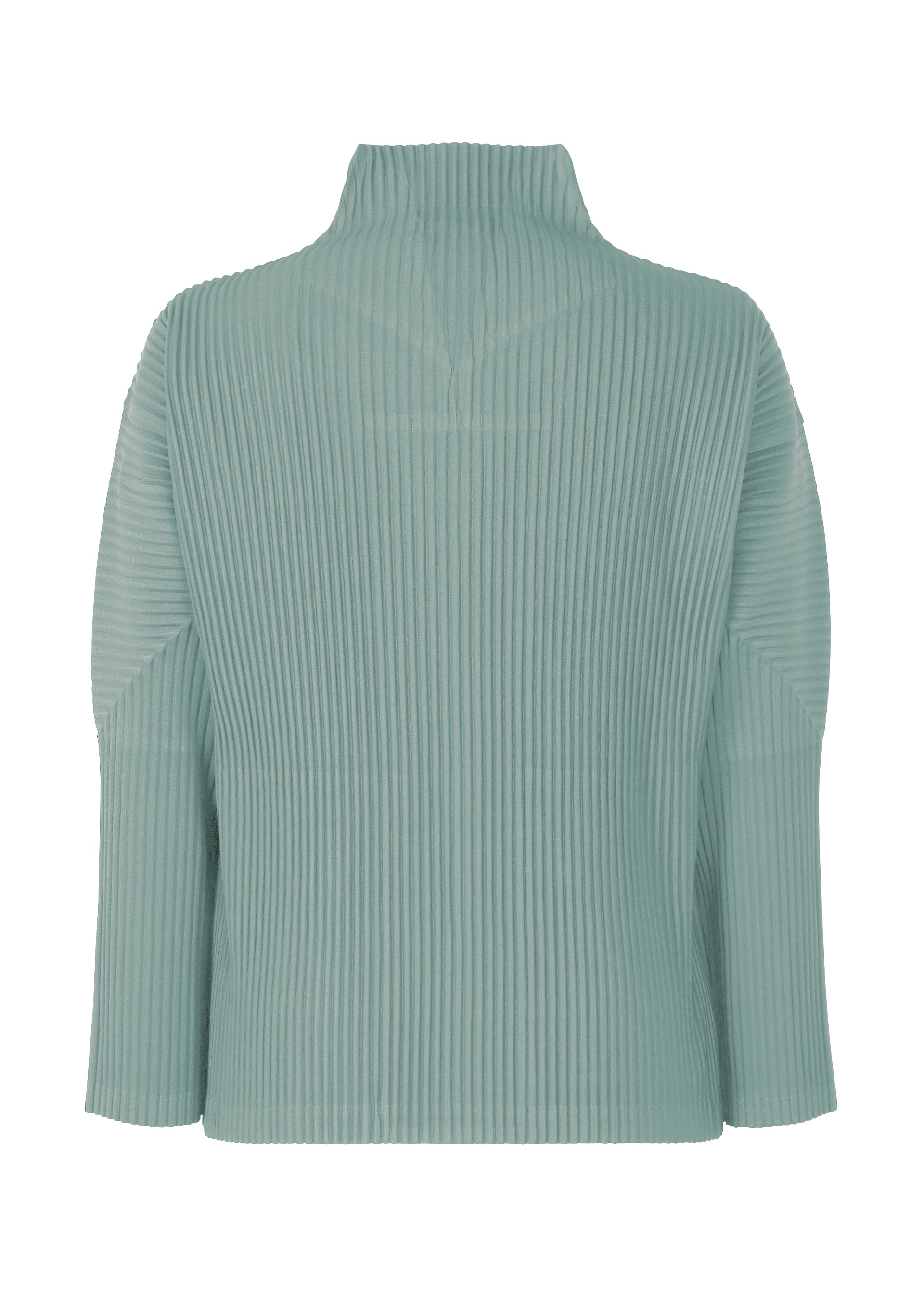 Zoomed view Back view of the HOMME PLISSÉ ISSEY MIYAKE COLOR PLEATS 2 cardigan in light blue-green, featuring ribbed long sleeves, a zip-up front, mock neck, and vertical textured lines. Crafted from quick-drying polyester and shown against a plain white background.