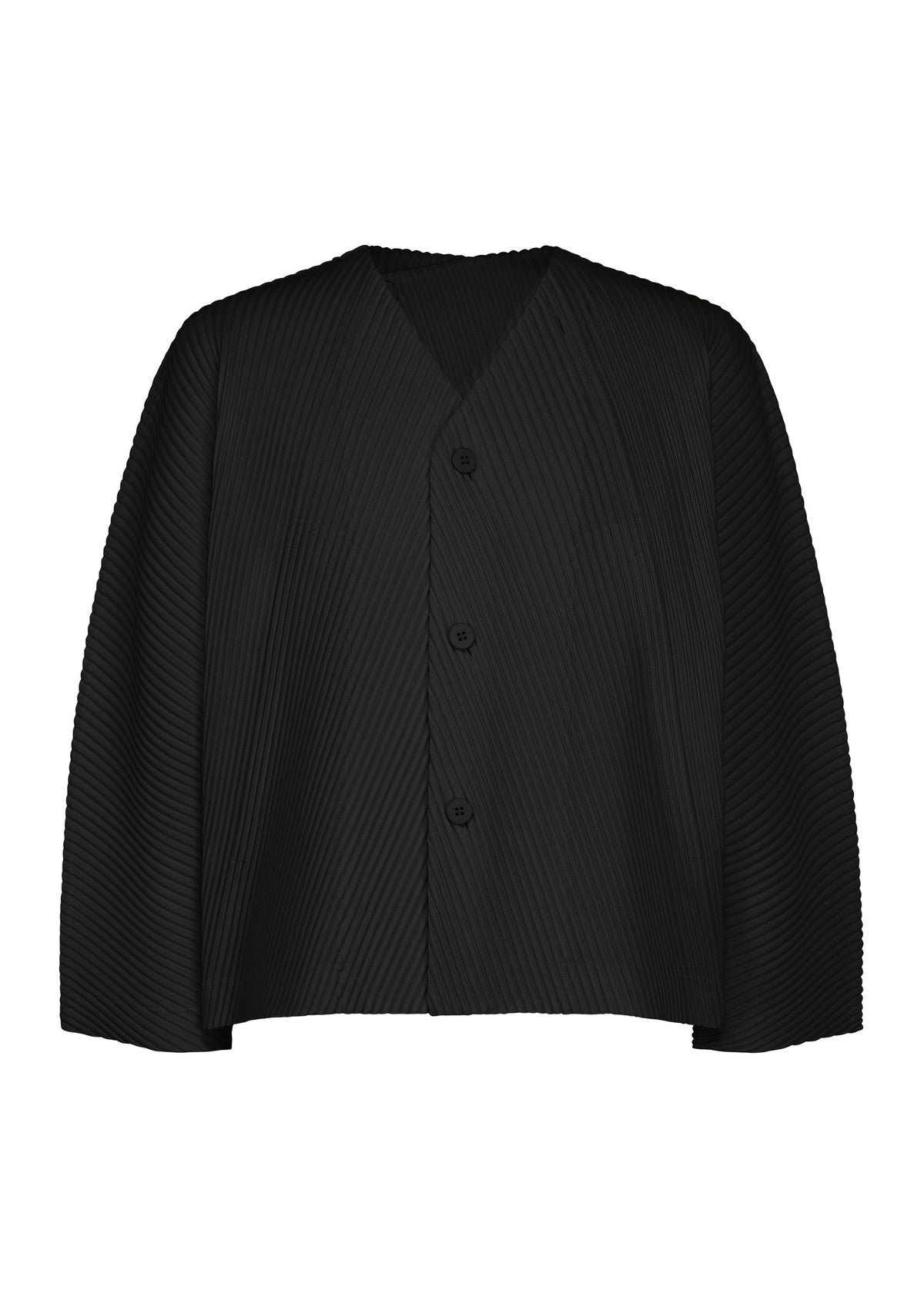 The SLASH cardigan by HOMME PLISSÉ ISSEY MIYAKE is a black, long-sleeved, V-neck button-up with diagonal pleats, showcasing a pleated texture and a boxy, oversized fit. view 1 of 7