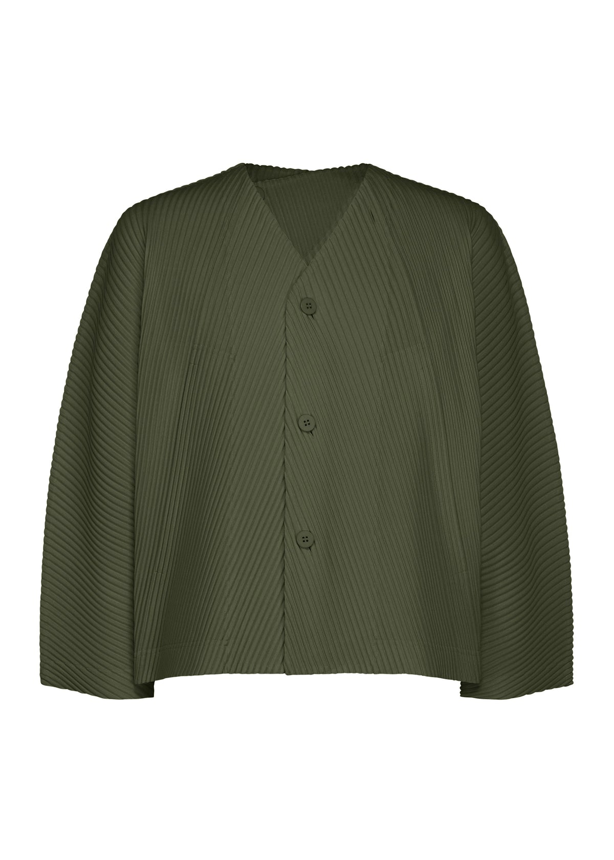 Introducing the SLASH jacket by HOMME PLISSÉ ISSEY MIYAKE—an olive green, long-sleeve, V-neck piece featuring a button-up front and a distinctive diagonal pleated texture throughout the fabric. This stylish design is finished with functional slash pockets, seamlessly blending classic tailoring with contemporary details. view 2 of 7