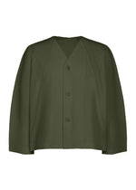 Introducing the SLASH jacket by HOMME PLISSÉ ISSEY MIYAKE—an olive green, long-sleeve, V-neck piece featuring a button-up front and a distinctive diagonal pleated texture throughout the fabric. This stylish design is finished with functional slash pockets, seamlessly blending classic tailoring with contemporary details. - DIM GREEN （no.64）