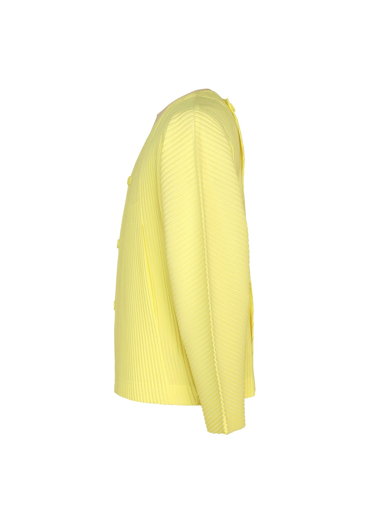 Side view of the SLASH long-sleeved, light yellow ribbed cardigan by HOMME PLISSÉ ISSEY MIYAKE, featuring button closure on the front and subtle diagonal pleats, displayed against a plain white background. view 4 of 7
