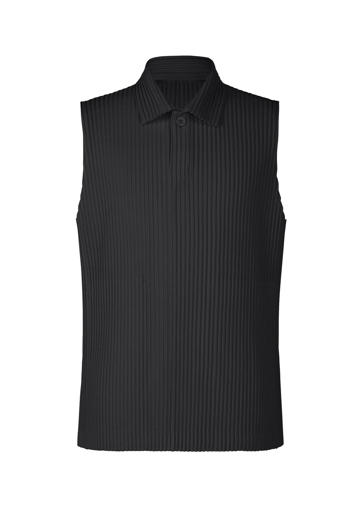 The MONTHLY COLORS : JULY sleeveless black collared top by HOMME PLISSÉ ISSEY MIYAKE features a ribbed, pleated texture, partial button placket, and quick-drying polyester. Displayed on a white background. view 1 of 6