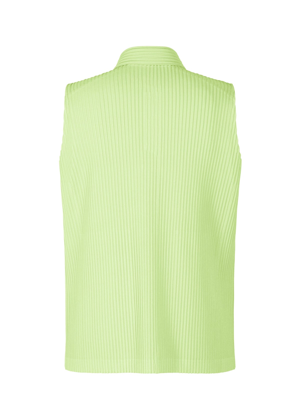 Back view of the MONTHLY COLORS : JULY sleeveless top by HOMME PLISSÉ ISSEY MIYAKE in ribbed light green with a high collar, crafted from quick-drying polyester textured fabric. view 2 of 6