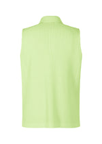 Back view of the MONTHLY COLORS : JULY sleeveless top by HOMME PLISSÉ ISSEY MIYAKE in ribbed light green with a high collar, crafted from quick-drying polyester textured fabric.