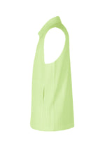 Side view of the MONTHLY COLORS : JULY sleeveless top by HOMME PLISSÉ ISSEY MIYAKE in light green, made from quick-drying ribbed polyester with a high neckline and relaxed fit, shown against a white background.