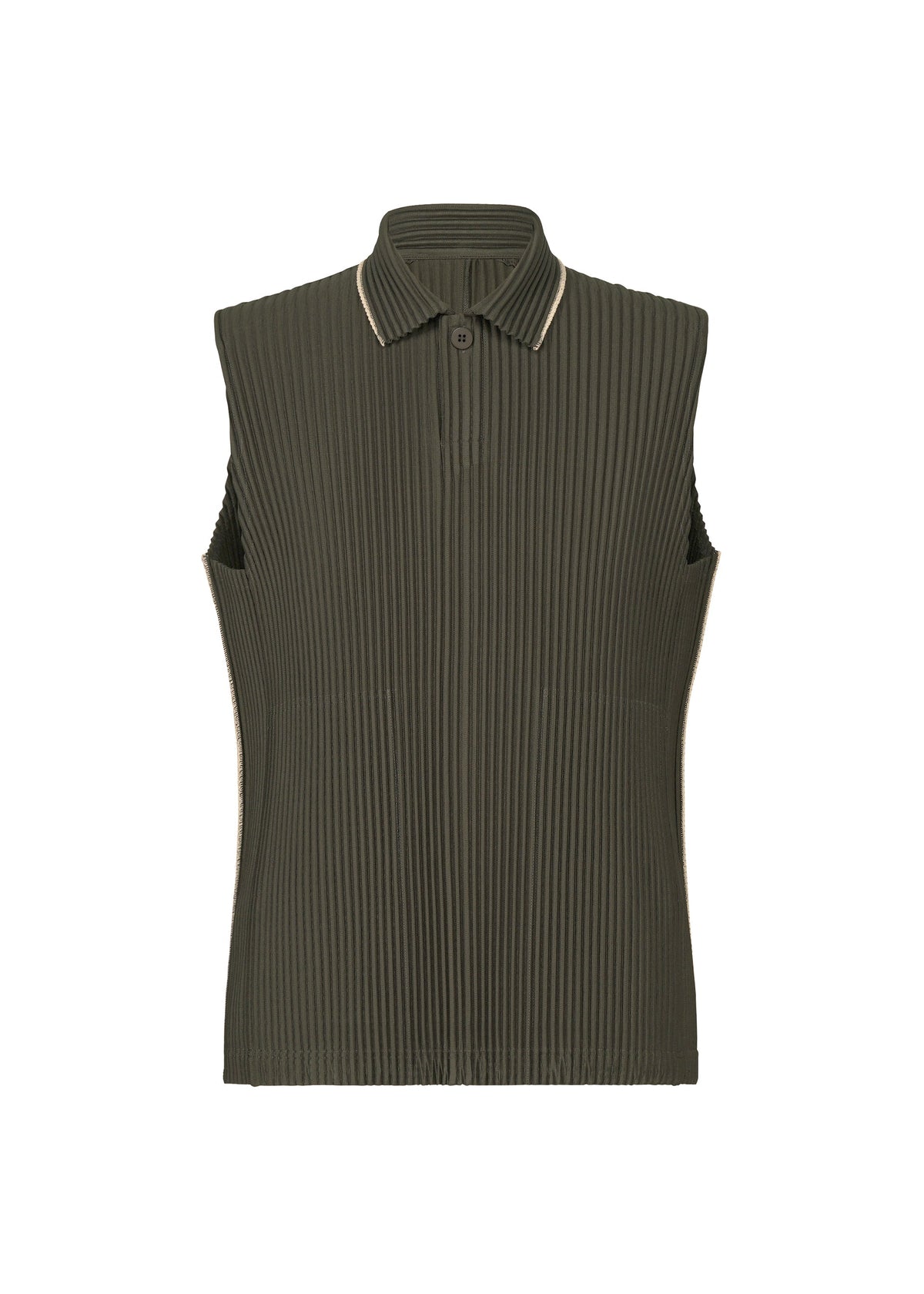 Introducing the EMBROIDERY STRIPES top by HOMME PLISSÉ ISSEY MIYAKE: a sleeveless, ribbed design in dark olive green, accented with beige trim. This modern piece features a small collar with a single neck button and subtle beam-shaped embroidery for added structure and style. Shown against a plain white background. view 1 of 6