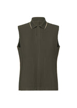 Introducing the EMBROIDERY STRIPES top by HOMME PLISSÉ ISSEY MIYAKE: a sleeveless, ribbed design in dark olive green, accented with beige trim. This modern piece features a small collar with a single neck button and subtle beam-shaped embroidery for added structure and style. Shown against a plain white background. - SHADE GRAYISH BROWN （no.47）