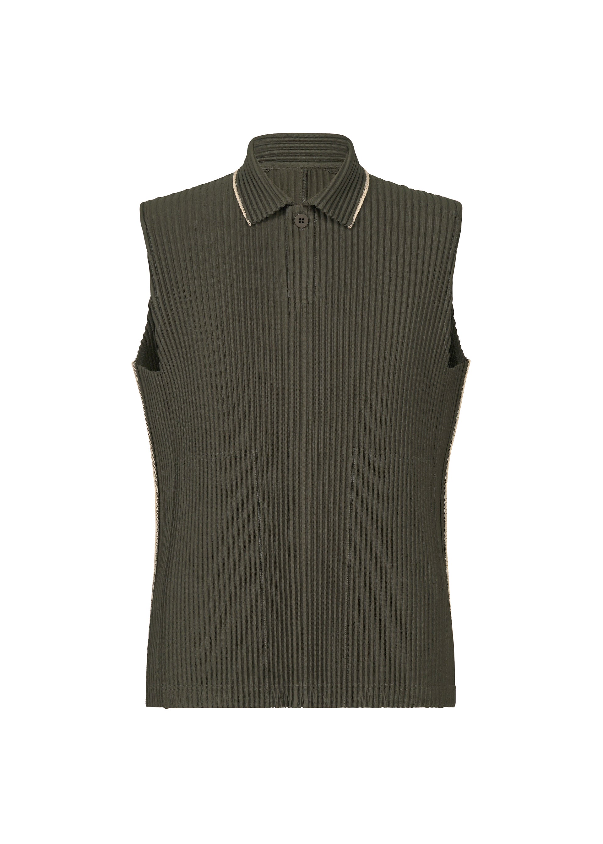 Zoomed view Introducing the EMBROIDERY STRIPES top by HOMME PLISSÉ ISSEY MIYAKE: a sleeveless, ribbed design in dark olive green, accented with beige trim. This modern piece features a small collar with a single neck button and subtle beam-shaped embroidery for added structure and style. Shown against a plain white background. - SHADE GRAYISH BROWN （no.47）