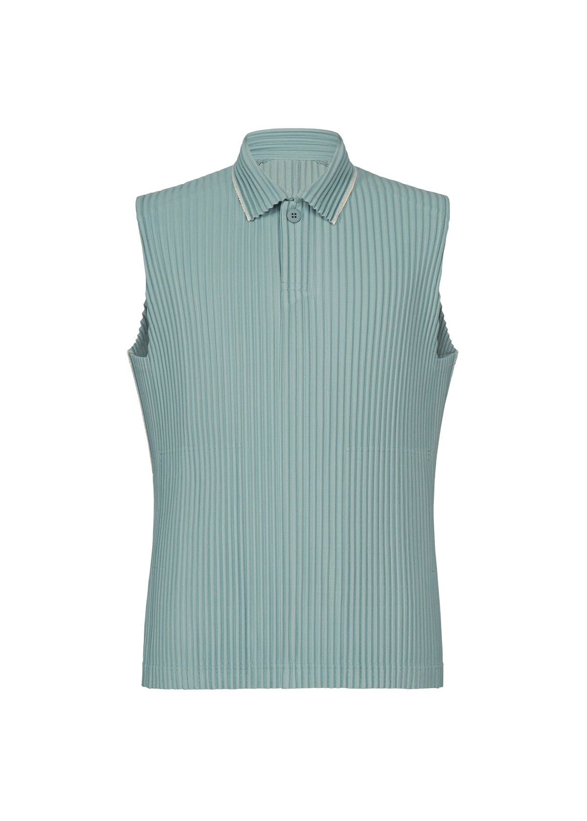 EMBROIDERY STRIPES by HOMME PLISSÉ ISSEY MIYAKE: a sleeveless, light blue ribbed collared top featuring a single button at the neckline and subtle beam-shaped embroidery, displayed on a white background. view 2 of 6