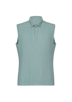 EMBROIDERY STRIPES by HOMME PLISSÉ ISSEY MIYAKE: a sleeveless, light blue ribbed collared top featuring a single button at the neckline and subtle beam-shaped embroidery, displayed on a white background. - GLOOM BLUE （no.73）