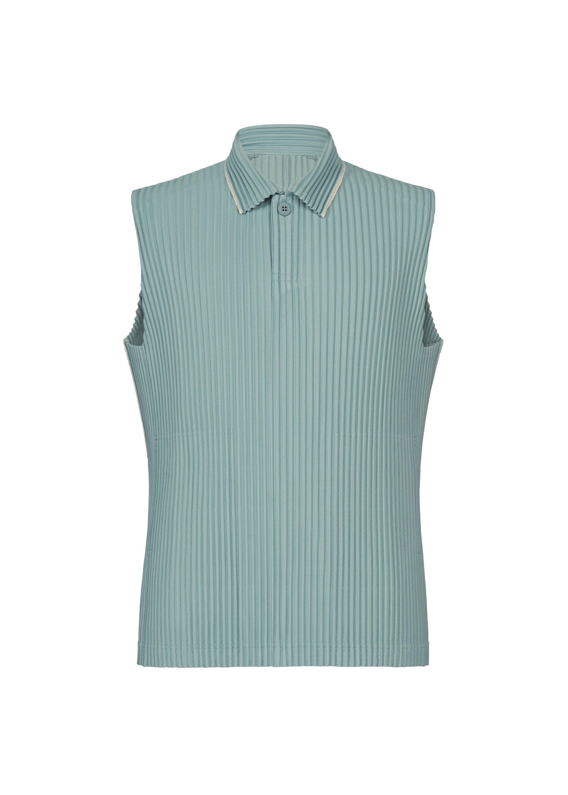 Zoomed view EMBROIDERY STRIPES by HOMME PLISSÉ ISSEY MIYAKE: a sleeveless, light blue ribbed collared top featuring a single button at the neckline and subtle beam-shaped embroidery, displayed on a white background. - GLOOM BLUE （no.73）