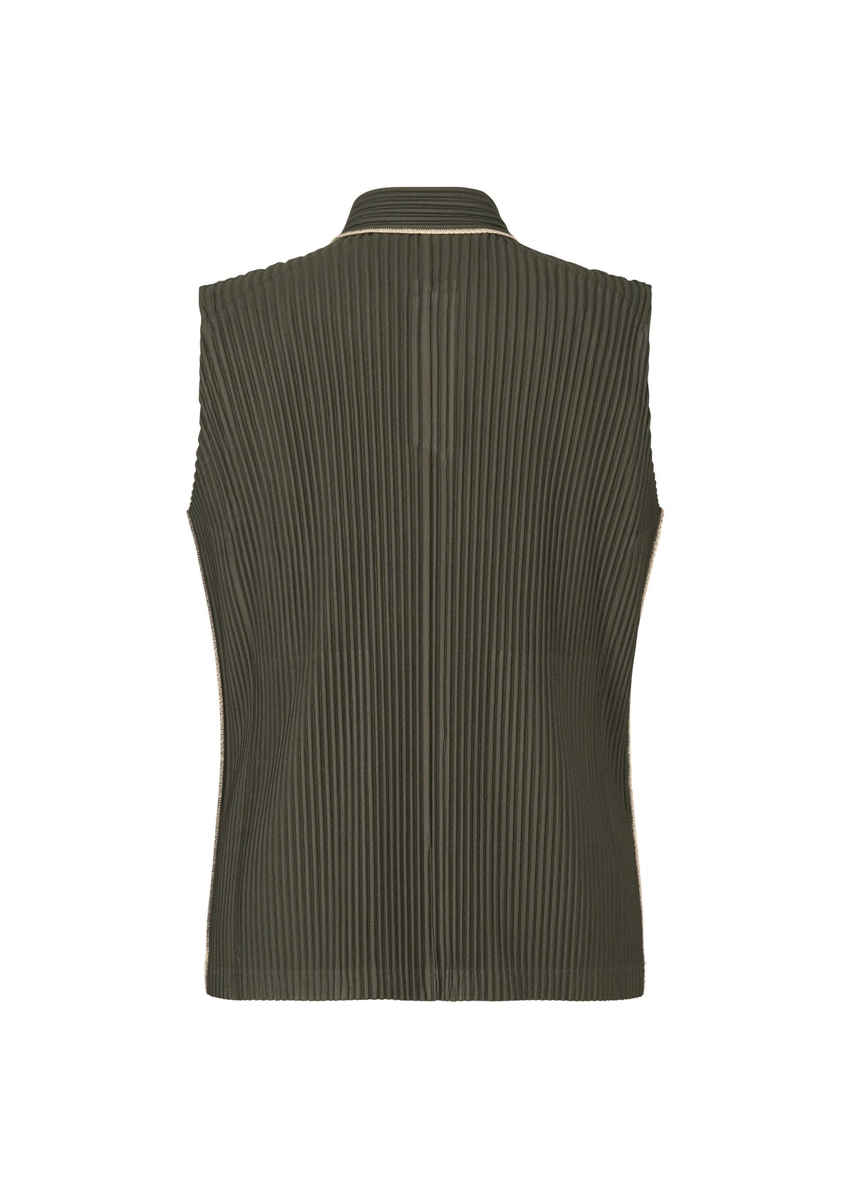 Back view of the HOMME PLISSÉ ISSEY MIYAKE EMBROIDERY STRIPES top in dark green, a collared sleeveless design with vertical pleats and a subtle small collar. The structured fabric showcases a textured finish. view 3 of 6