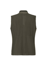 Back view of the HOMME PLISSÉ ISSEY MIYAKE EMBROIDERY STRIPES top in dark green, a collared sleeveless design with vertical pleats and a subtle small collar. The structured fabric showcases a textured finish.