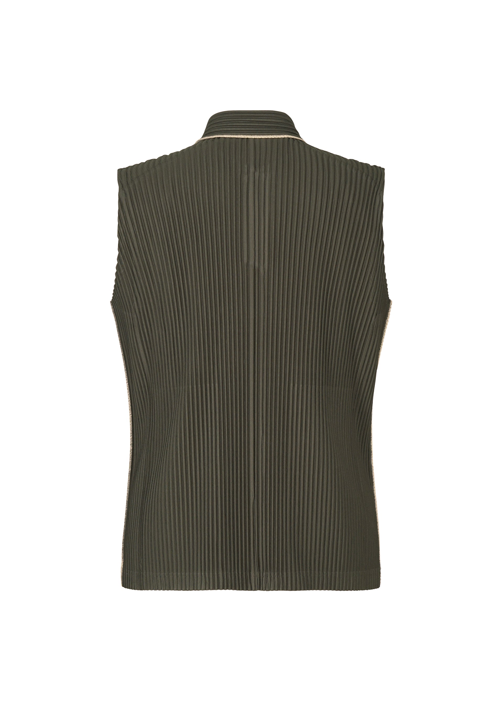 Zoomed view Back view of the HOMME PLISSÉ ISSEY MIYAKE EMBROIDERY STRIPES top in dark green, a collared sleeveless design with vertical pleats and a subtle small collar. The structured fabric showcases a textured finish.