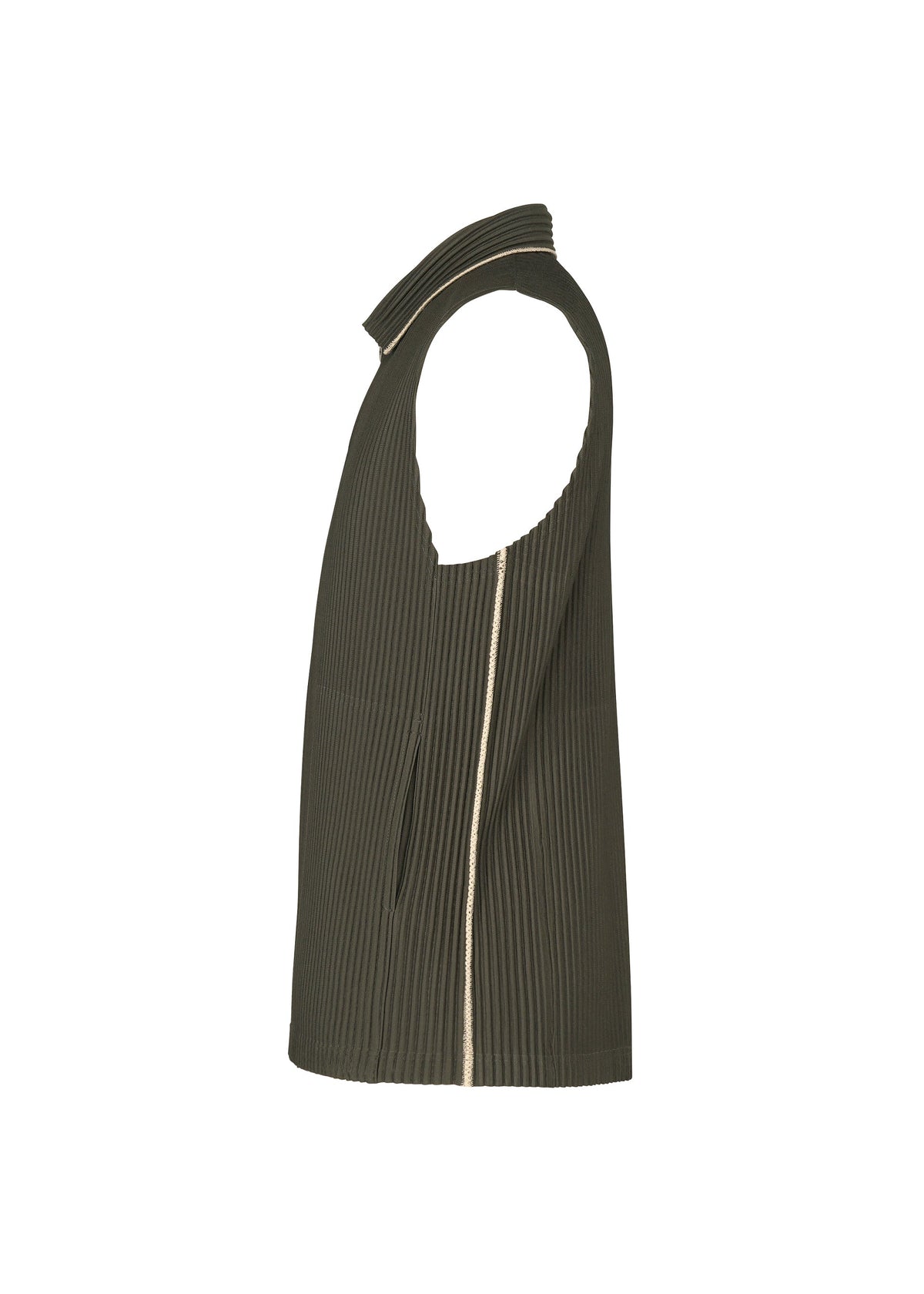 Side view of the EMBROIDERY STRIPES vest from HOMME PLISSÉ ISSEY MIYAKE—a sleeveless, dark green ribbed piece with a high collar and visible front pocket, showcasing a beige zipper down the front and accented with subtle beam-shaped embroidery for added detail. view 4 of 6