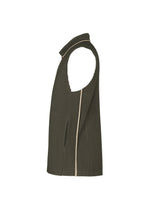 Side view of the EMBROIDERY STRIPES vest from HOMME PLISSÉ ISSEY MIYAKE—a sleeveless, dark green ribbed piece with a high collar and visible front pocket, showcasing a beige zipper down the front and accented with subtle beam-shaped embroidery for added detail.