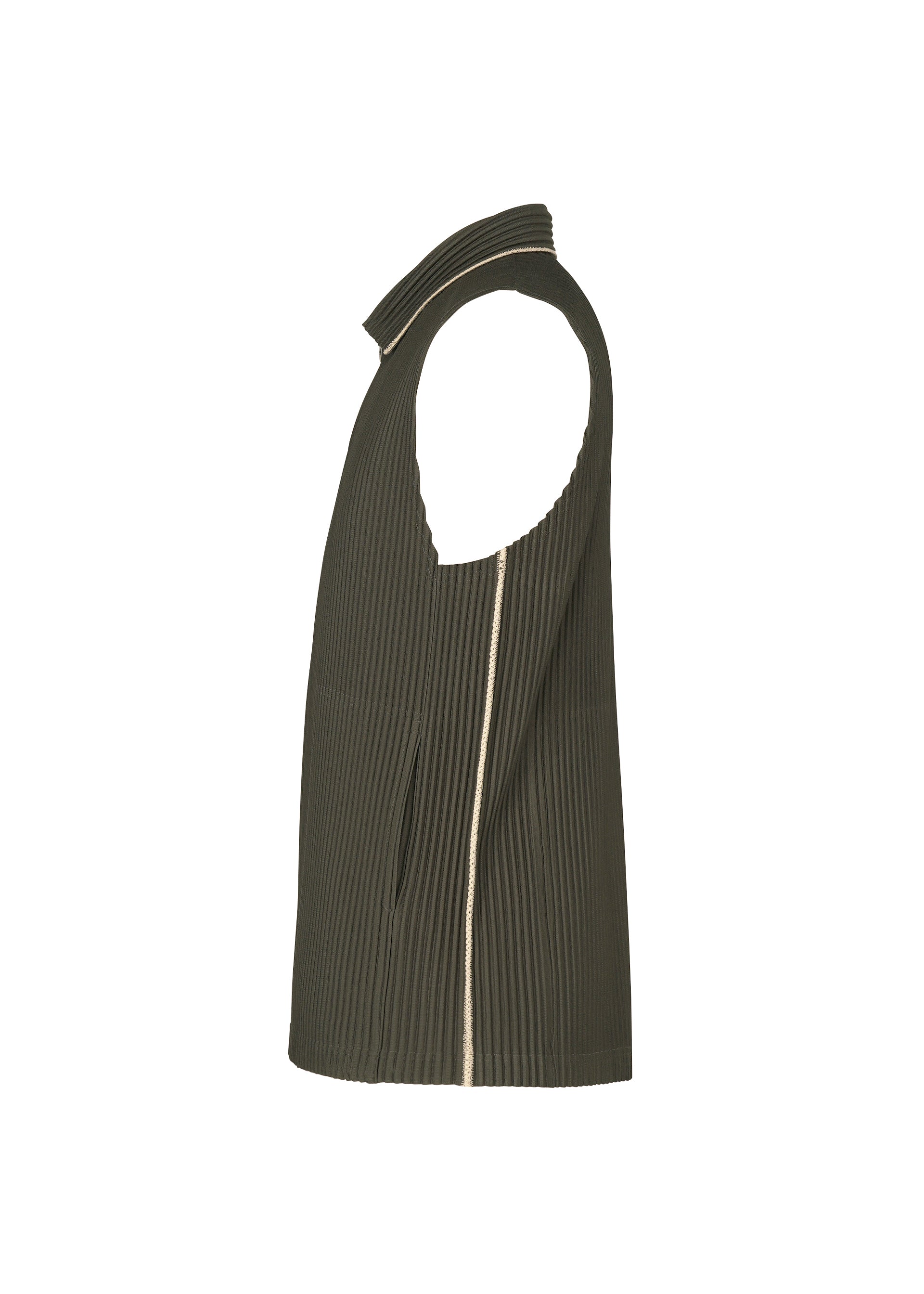 Zoomed view Side view of the EMBROIDERY STRIPES vest from HOMME PLISSÉ ISSEY MIYAKE—a sleeveless, dark green ribbed piece with a high collar and visible front pocket, showcasing a beige zipper down the front and accented with subtle beam-shaped embroidery for added detail.