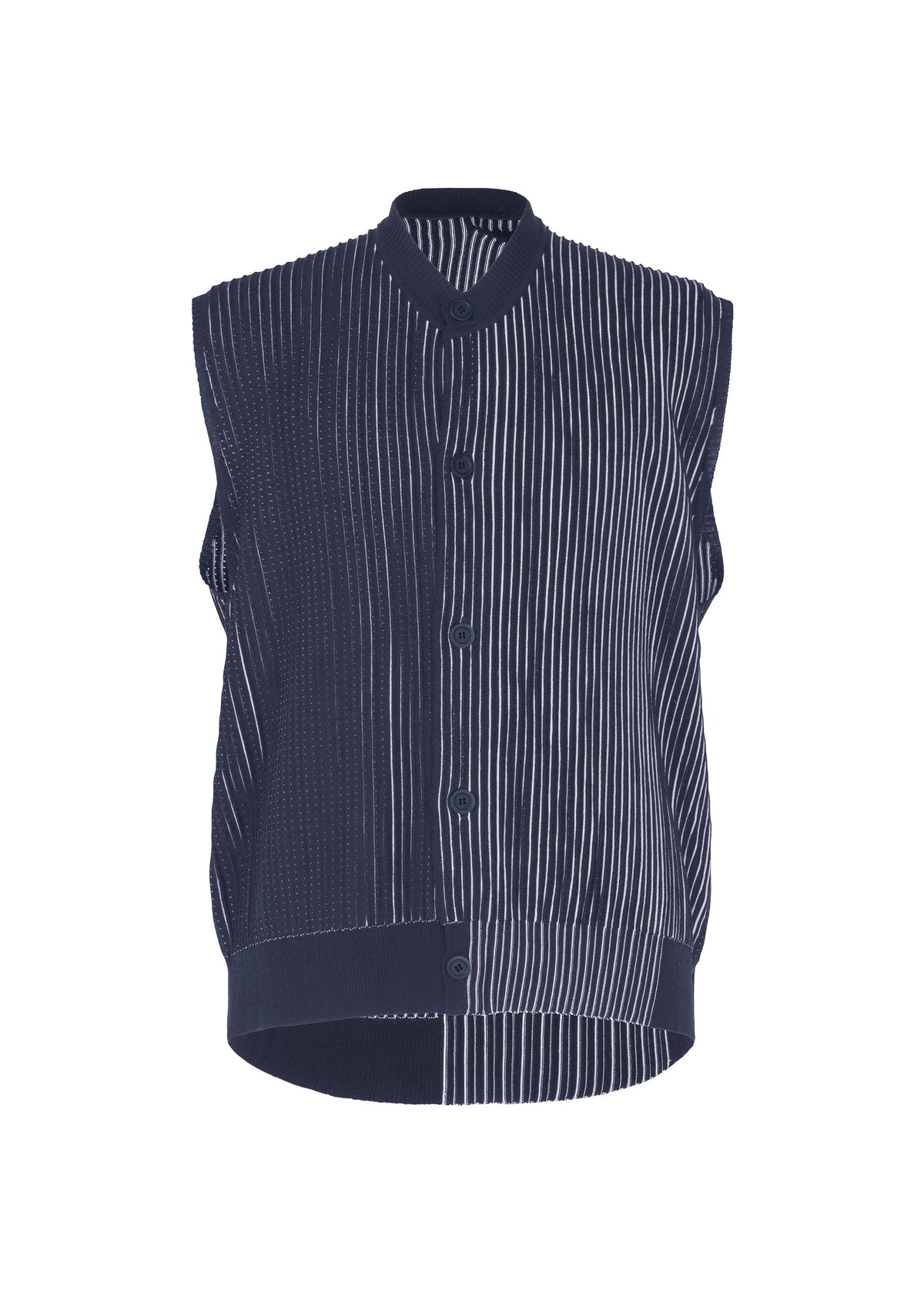 IN THE SHADOW KNIT by HOMME PLISSÉ ISSEY MIYAKE: a sleeveless navy vest with vertical white pinstripes, rounded collar, and playful design, shown on a white background. view 2 of 7