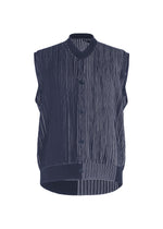 IN THE SHADOW KNIT by HOMME PLISSÉ ISSEY MIYAKE: a sleeveless navy vest with vertical white pinstripes, rounded collar, and playful design, shown on a white background. - BLUE （no.72）