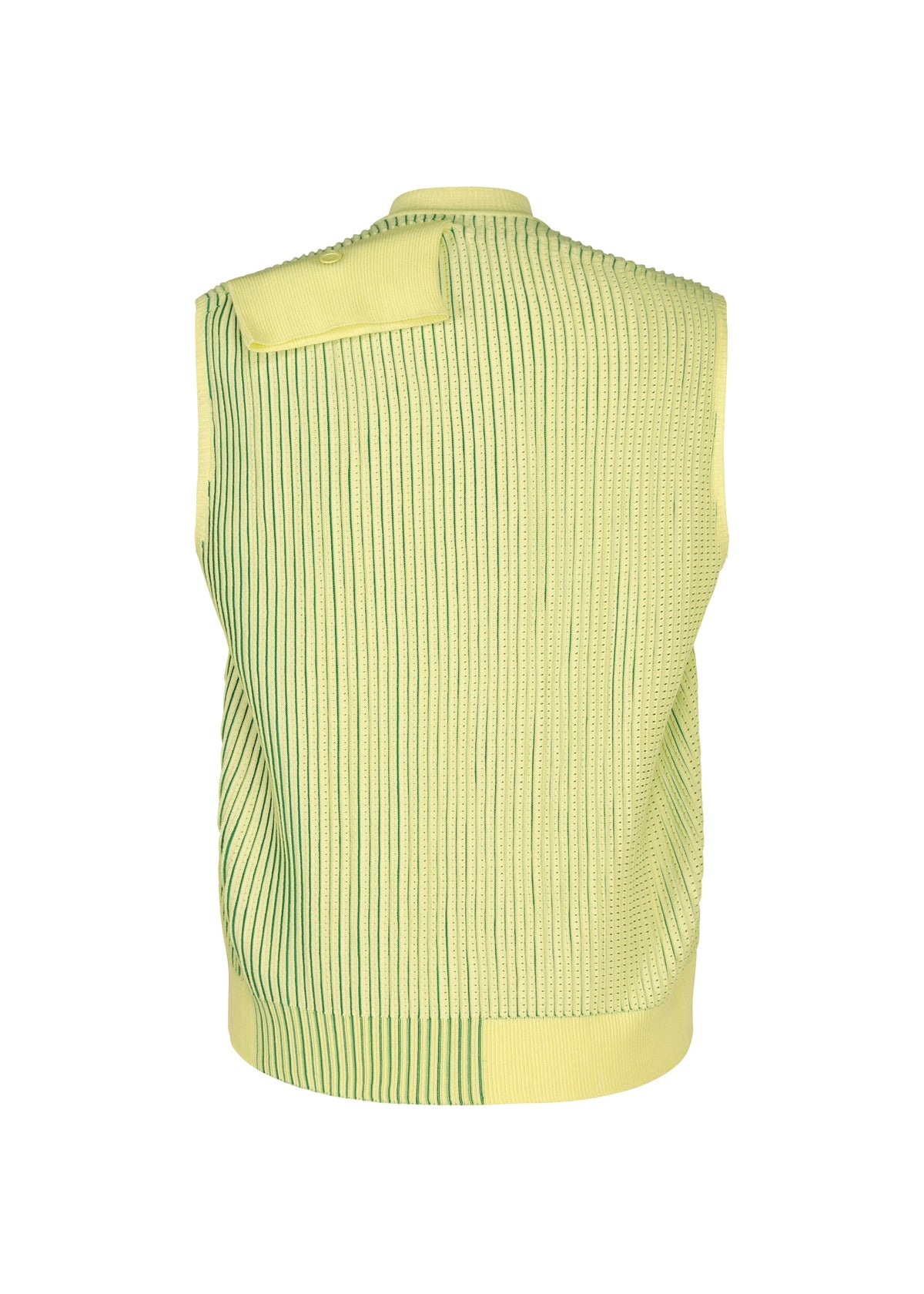 The IN THE SHADOW KNIT by HOMME PLISSÉ ISSEY MIYAKE is a sleeveless yellow vest with vertical green stripes, textured knit, and a solid panel accent on one shoulder, shown from the back. view 3 of 7