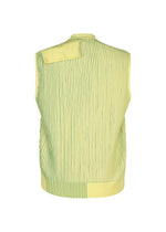 The IN THE SHADOW KNIT by HOMME PLISSÉ ISSEY MIYAKE is a sleeveless yellow vest with vertical green stripes, textured knit, and a solid panel accent on one shoulder, shown from the back.