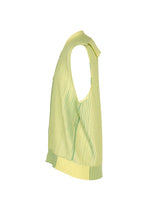 The IN THE SHADOW KNIT by HOMME PLISSÉ ISSEY MIYAKE is a light yellow, sleeveless vest with deep armholes, green stripes, and ribbed edges, shown side profile on a white backdrop for a playful design twist.