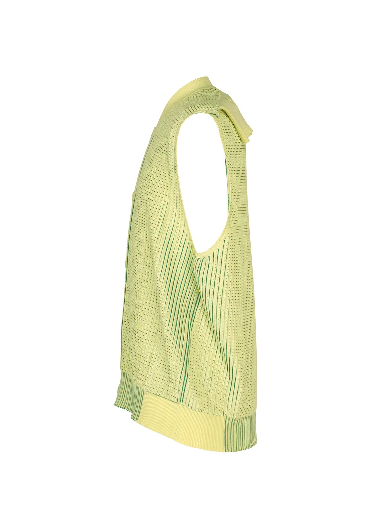 Zoomed view The IN THE SHADOW KNIT by HOMME PLISSÉ ISSEY MIYAKE is a light yellow, sleeveless vest with deep armholes, green stripes, and ribbed edges, shown side profile on a white backdrop for a playful design twist.