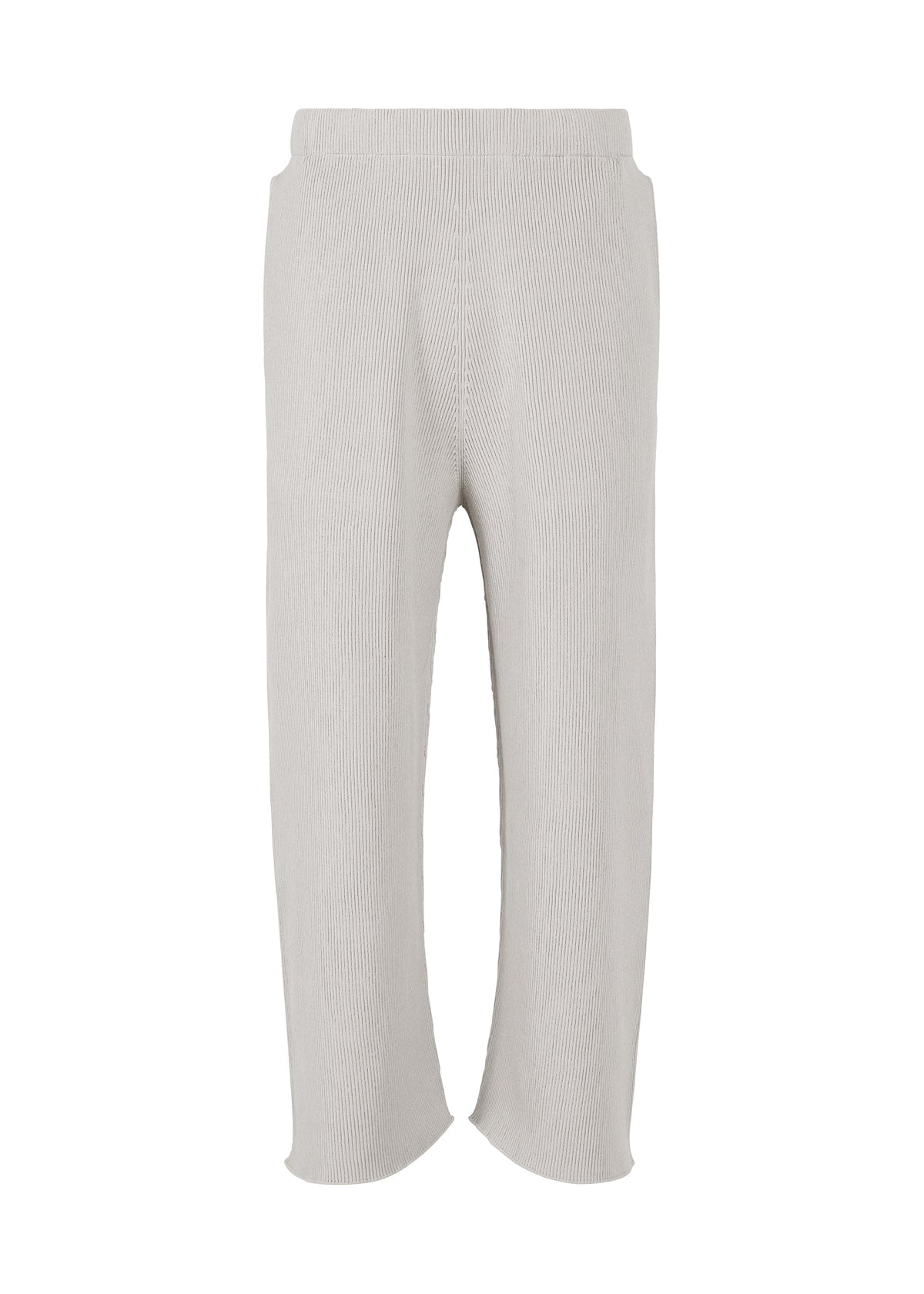 Introducing the BASIC KNIT by HOMME PLISSÉ ISSEY MIYAKE: light gray, ribbed knitwear pants featuring an elastic waistband and wide, straight legs. Designed for softness and comfort, these pleated jersey pants are perfect for loungewear or casual outings. Crafted from regenerated thread, they offer a sleek finish with no visible buttons or zippers. view 1 of 6