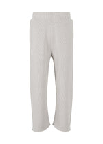 Introducing the BASIC KNIT by HOMME PLISSÉ ISSEY MIYAKE: light gray, ribbed knitwear pants featuring an elastic waistband and wide, straight legs. Designed for softness and comfort, these pleated jersey pants are perfect for loungewear or casual outings. Crafted from regenerated thread, they offer a sleek finish with no visible buttons or zippers. - LIGHT GRAY （no.11）