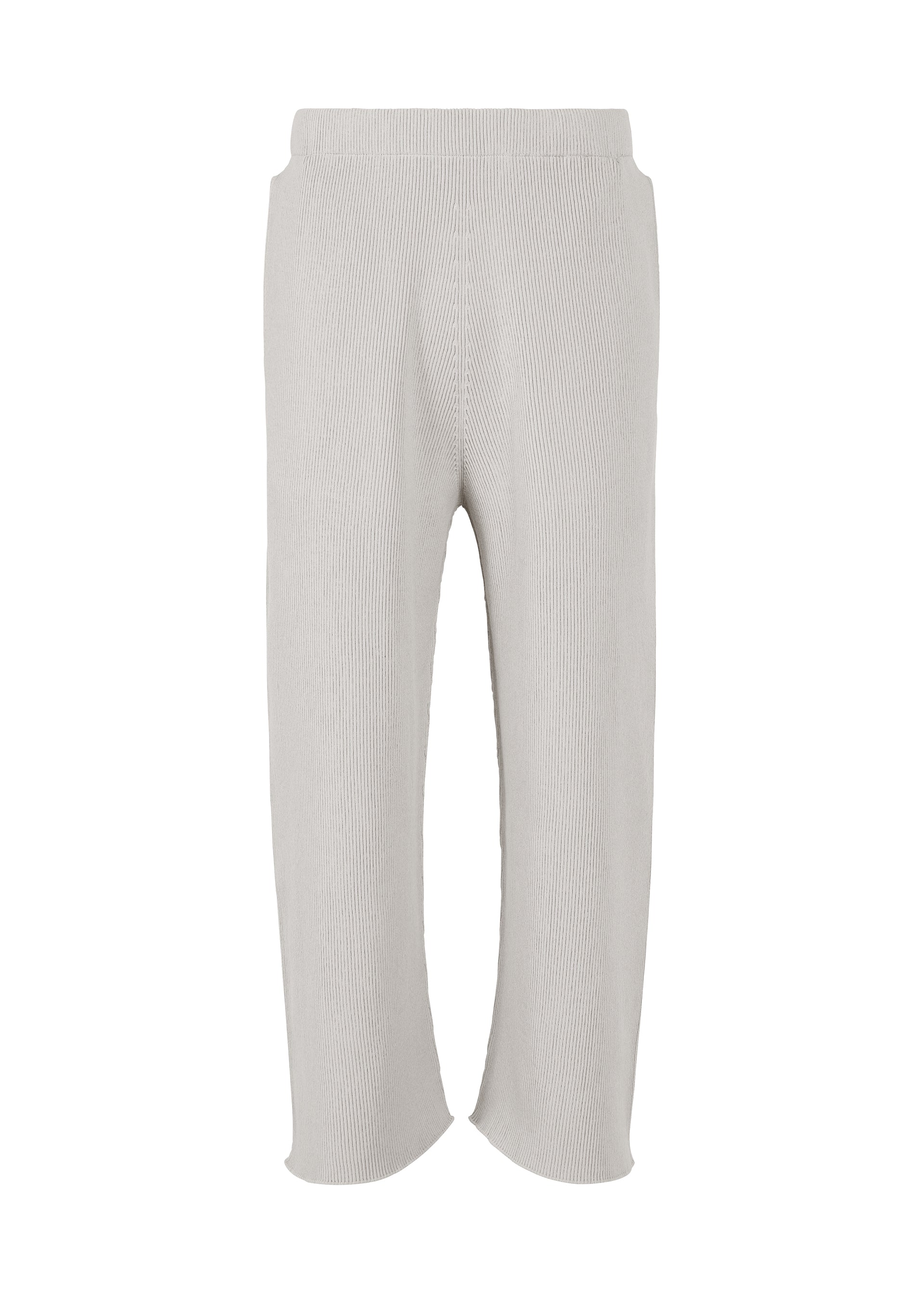 Zoomed view Introducing the BASIC KNIT by HOMME PLISSÉ ISSEY MIYAKE: light gray, ribbed knitwear pants featuring an elastic waistband and wide, straight legs. Designed for softness and comfort, these pleated jersey pants are perfect for loungewear or casual outings. Crafted from regenerated thread, they offer a sleek finish with no visible buttons or zippers. - LIGHT GRAY （no.11）
