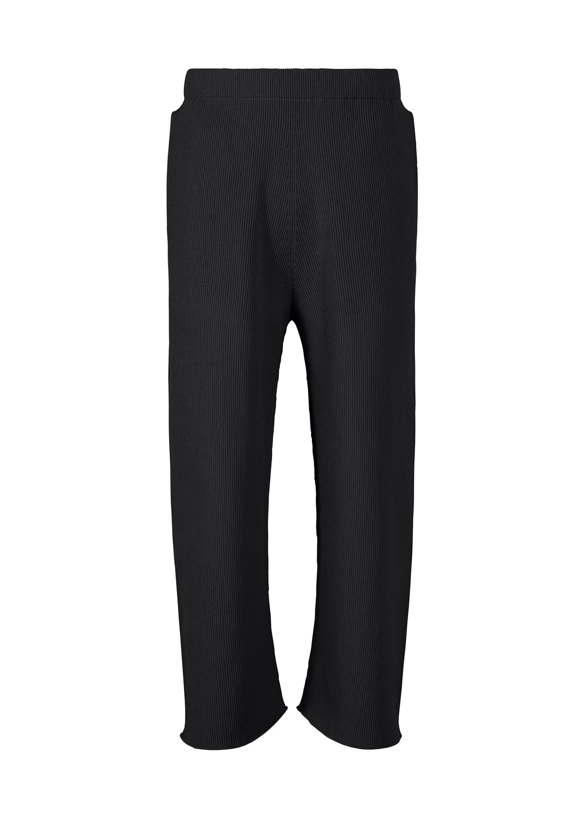 Experience ultimate comfort with the BASIC KNIT pants from HOMME PLISSÉ ISSEY MIYAKE. These black ribbed knit pants feature a relaxed, straight-leg silhouette and are crafted from soft knitwear for everyday ease. Designed with an elastic waistband and convenient side pockets, they are free from visible logos or embellishments for a minimalist touch. Made using regenerated thread, these eco-conscious pants offer a sustainable update to your wardrobe essentials. view 2 of 6