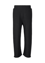Experience ultimate comfort with the BASIC KNIT pants from HOMME PLISSÉ ISSEY MIYAKE. These black ribbed knit pants feature a relaxed, straight-leg silhouette and are crafted from soft knitwear for everyday ease. Designed with an elastic waistband and convenient side pockets, they are free from visible logos or embellishments for a minimalist touch. Made using regenerated thread, these eco-conscious pants offer a sustainable update to your wardrobe essentials. - BLACK （no.15）