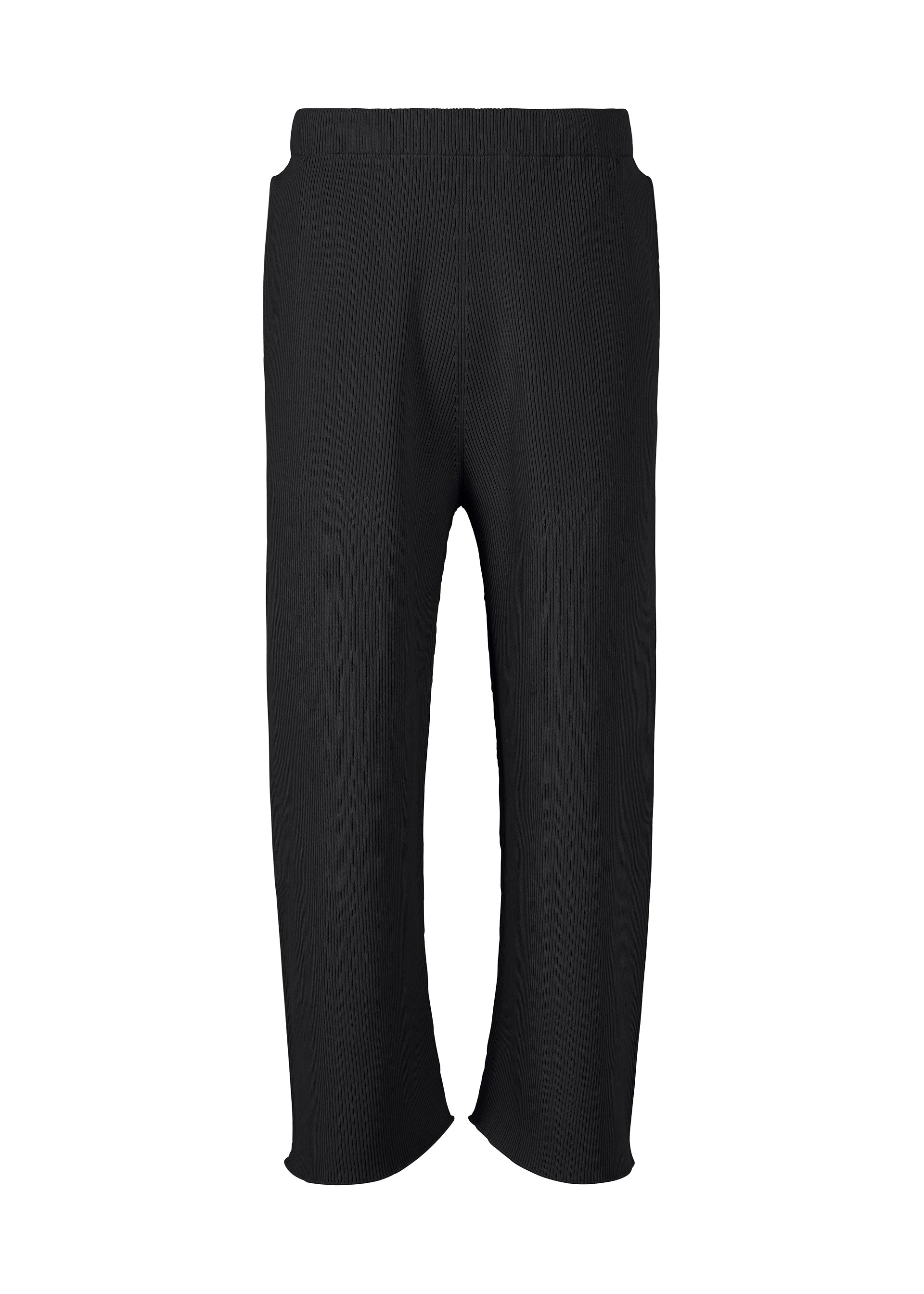 Zoomed view Experience ultimate comfort with the BASIC KNIT pants from HOMME PLISSÉ ISSEY MIYAKE. These black ribbed knit pants feature a relaxed, straight-leg silhouette and are crafted from soft knitwear for everyday ease. Designed with an elastic waistband and convenient side pockets, they are free from visible logos or embellishments for a minimalist touch. Made using regenerated thread, these eco-conscious pants offer a sustainable update to your wardrobe essentials. - BLACK （no.15）