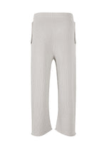 The BASIC KNIT pants by HOMME PLISSÉ ISSEY MIYAKE are light gray, ribbed knitwear trousers featuring a wide leg, cropped length, and high waist. Made from regenerated thread, they have an elastic waistband and provide a relaxed, comfortable fit.