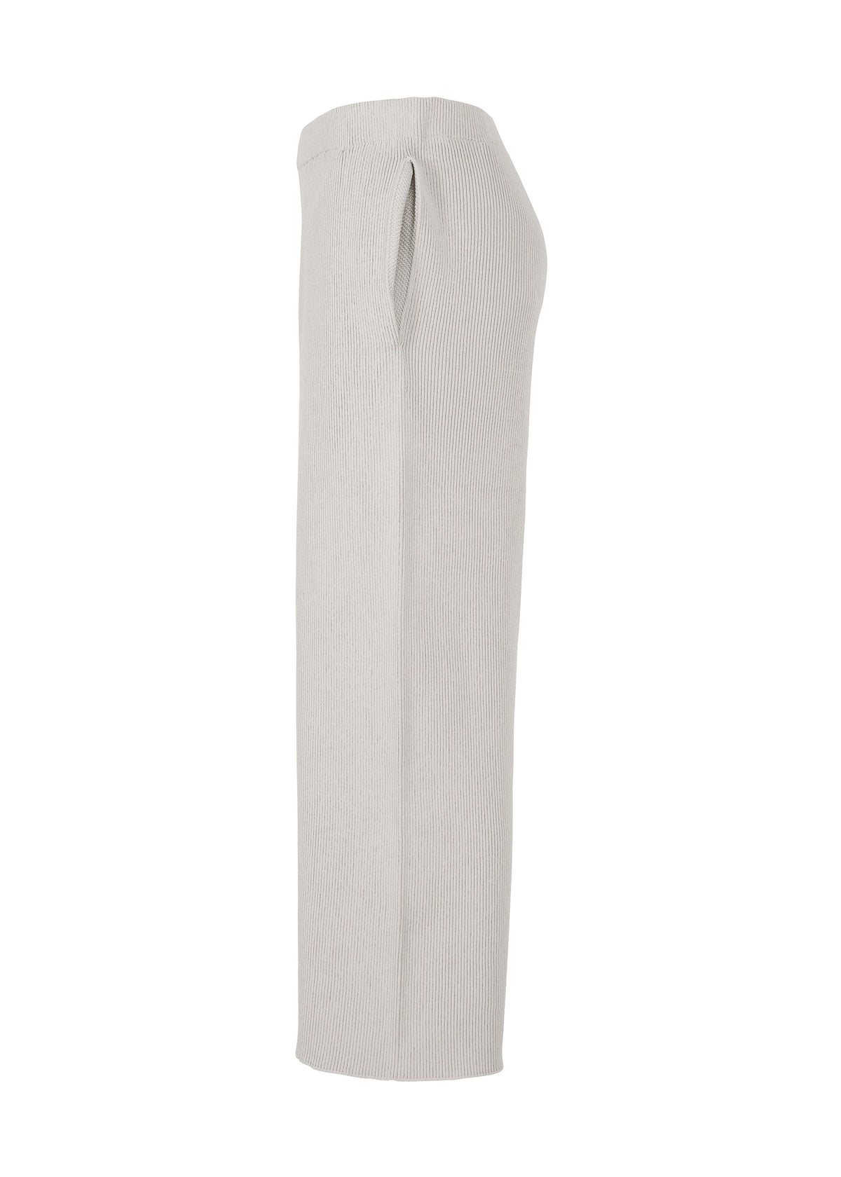 Side view of the BASIC KNIT pants by HOMME PLISSÉ ISSEY MIYAKE—a pair of light beige, ribbed knit pants with a straight-leg silhouette and an elastic waistband, made from regenerated thread and shown against a white background. view 4 of 6