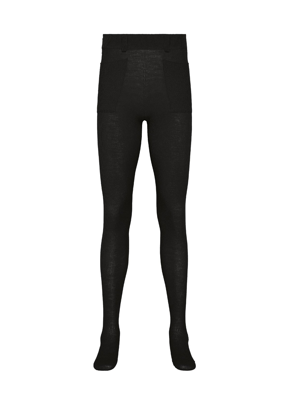 KNIT UNRAVELED by HOMME PLISSÉ ISSEY MIYAKE: Black opaque tights featuring a high waistband and a fitted, full-length design crafted using the knit-de-knit process, shown front-facing against a white background. view 1 of 6