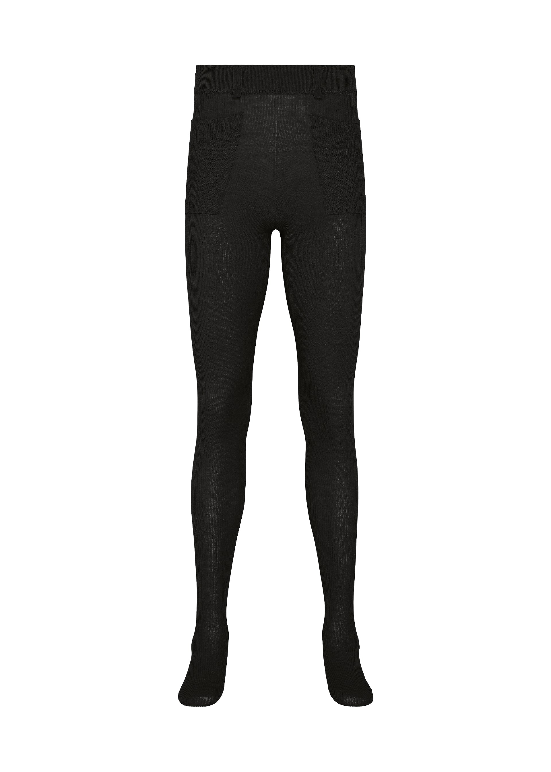 Zoomed view KNIT UNRAVELED by HOMME PLISSÉ ISSEY MIYAKE: Black opaque tights featuring a high waistband and a fitted, full-length design crafted using the knit-de-knit process, shown front-facing against a white background. - BLACK （no.15）