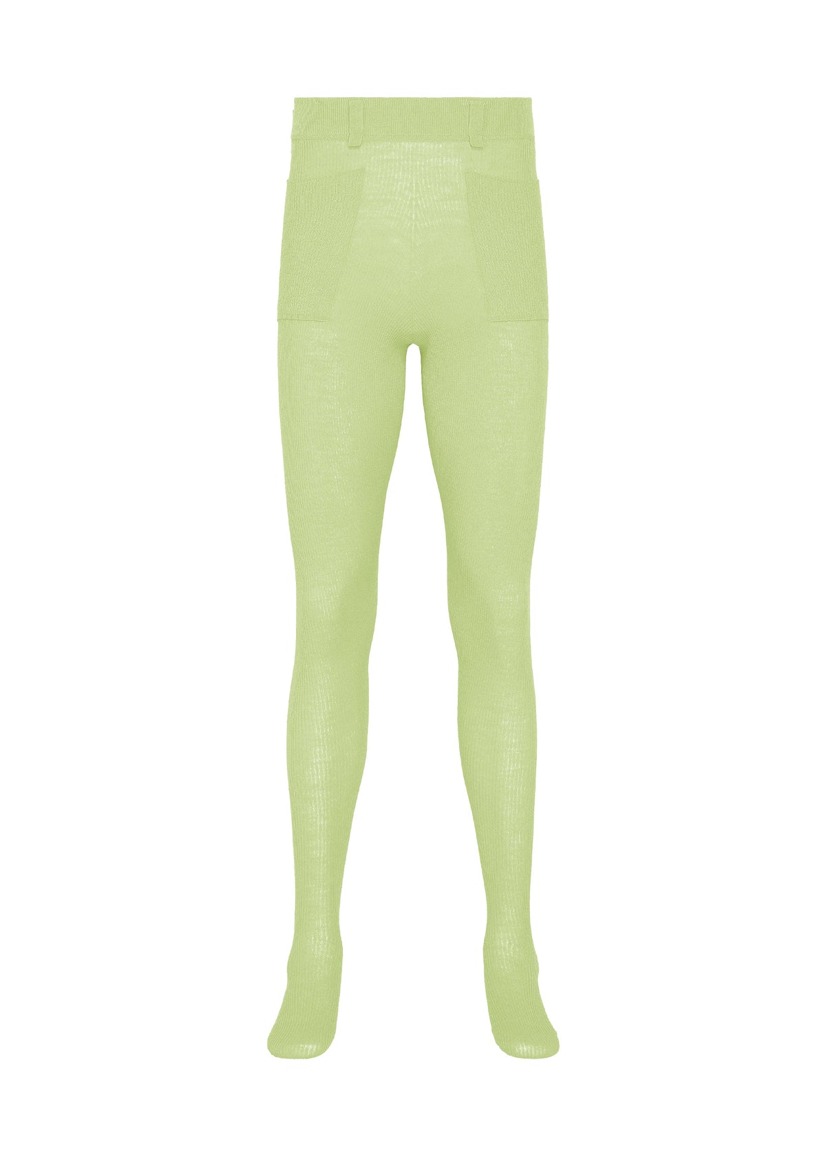 KNIT UNRAVELED leggings by HOMME PLISSÉ ISSEY MIYAKE, in light green with a textured finish, feature an elastic waistband, front patch pockets, and fitted legs—crafted with a knit-de-knit technique for enhanced comfort—are displayed against a plain white background. view 2 of 6