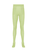 KNIT UNRAVELED leggings by HOMME PLISSÉ ISSEY MIYAKE, in light green with a textured finish, feature an elastic waistband, front patch pockets, and fitted legs—crafted with a knit-de-knit technique for enhanced comfort—are displayed against a plain white background. - GREEN （no.62）