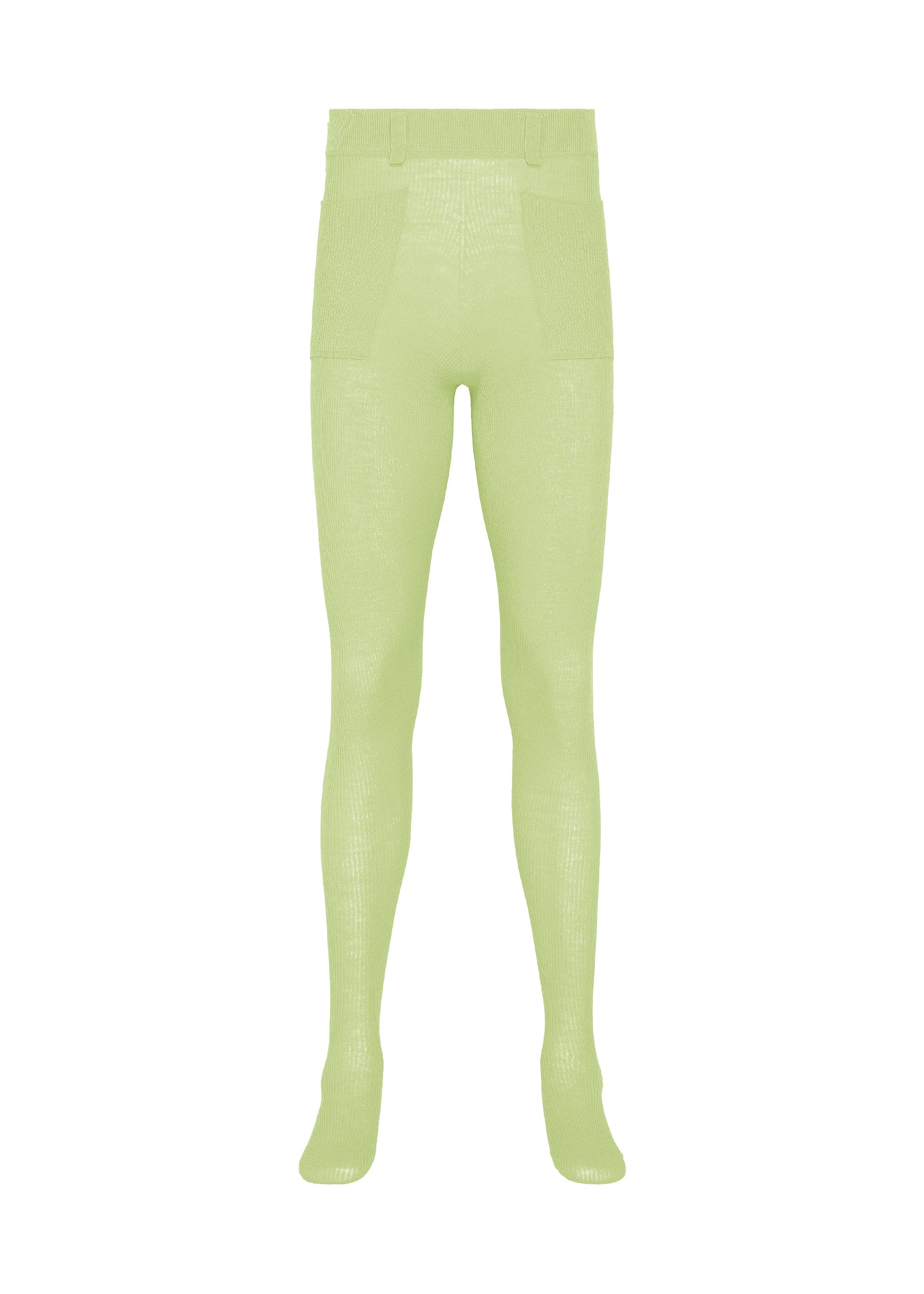 Zoomed view KNIT UNRAVELED leggings by HOMME PLISSÉ ISSEY MIYAKE, in light green with a textured finish, feature an elastic waistband, front patch pockets, and fitted legs—crafted with a knit-de-knit technique for enhanced comfort—are displayed against a plain white background. - GREEN （no.62）